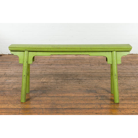 Small Vintage Javanese Bench with A-Frame Base and Custom Green Finish-YN7653-15. Asian & Chinese Furniture, Art, Antiques, Vintage Home Décor for sale at FEA Home