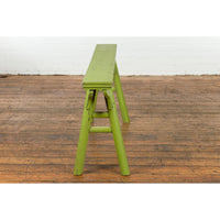 Small Vintage Javanese Bench with A-Frame Base and Custom Green Finish