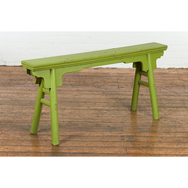 This-is-a-picture-of-a-Small Vintage Javanese Bench with A-Frame Base and Custom Green Finish-image-position-2-style-YN7653-Shop-for-Vintage-and-Antique-Asian-and-Chinese-Furniture-for-sale-at-FEA Home-NYC