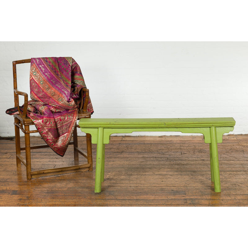 Small Vintage Javanese Bench with A-Frame Base and Custom Green Finish-YN7653-3. Asian & Chinese Furniture, Art, Antiques, Vintage Home Décor for sale at FEA Home