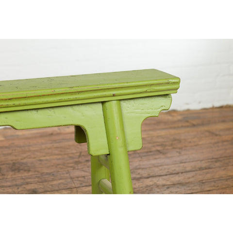 This-is-a-picture-of-a-Small Vintage Javanese Bench with A-Frame Base and Custom Green Finish-image-position-5-style-YN7653-Shop-for-Vintage-and-Antique-Asian-and-Chinese-Furniture-for-sale-at-FEA Home-NYC