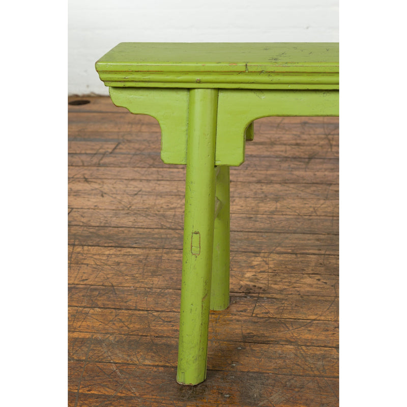 This-is-a-picture-of-a-Small Vintage Javanese Bench with A-Frame Base and Custom Green Finish-image-position-6-style-YN7653-Shop-for-Vintage-and-Antique-Asian-and-Chinese-Furniture-for-sale-at-FEA Home-NYC