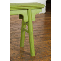 Small Vintage Javanese Bench with A-Frame Base and Custom Green Finish