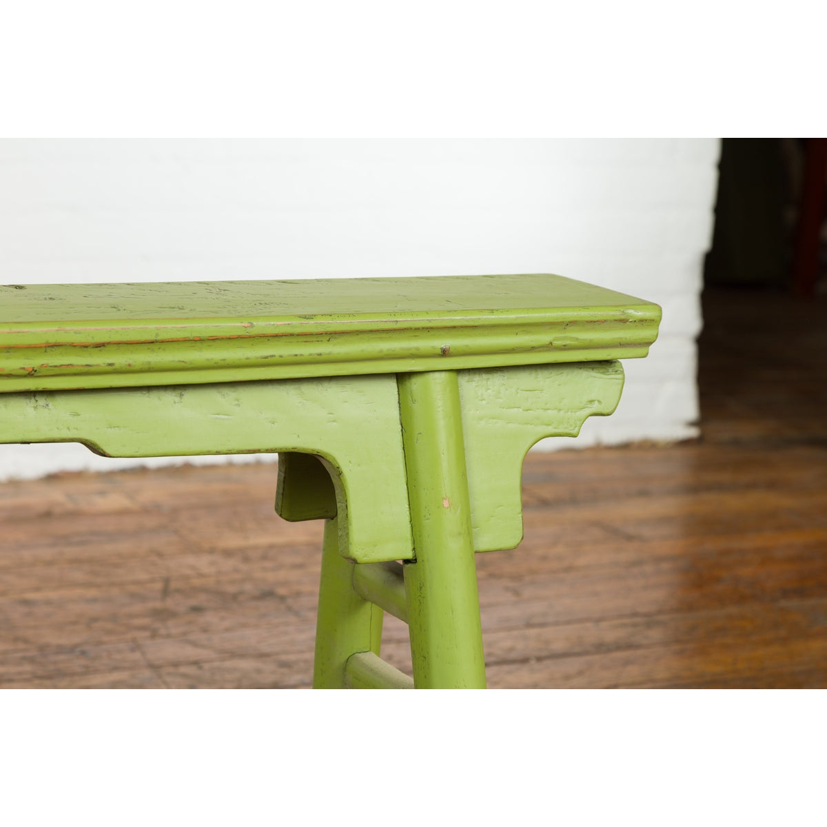 Small Vintage Javanese Bench with A-Frame Base and Custom Green Finish-9. Asian &amp; Chinese Furniture, Art, Antiques, Vintage Home Décor for sale at FEA Home