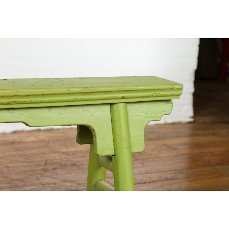 Small Vintage Javanese Bench with A-Frame Base and Custom Green Finish-YN7653-9. Asian & Chinese Furniture, Art, Antiques, Vintage Home Décor for sale at FEA Home