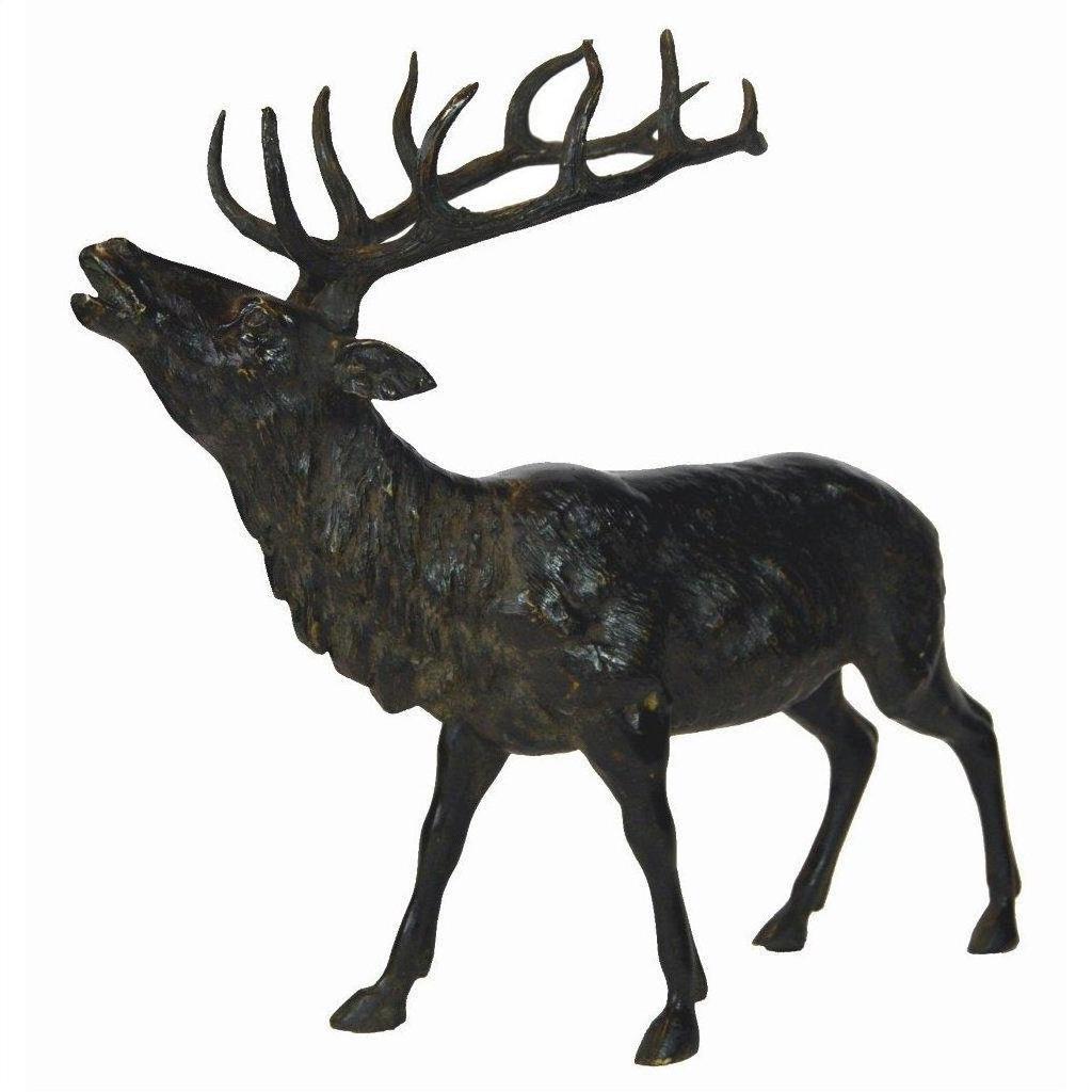 Bronze stag sculpture with large antlers and raised head, displayed on a white background.