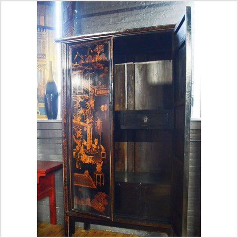 Tall Black Lacquer Cabinet with Chinoiserie