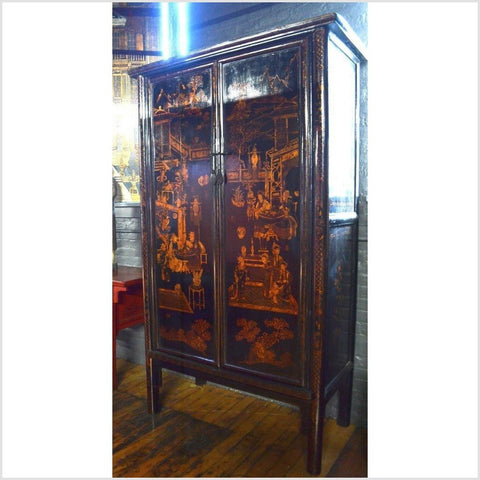 Tall Black Lacquer Cabinet with Chinoiserie- Asian Antiques, Vintage Home Decor & Chinese Furniture - FEA Home