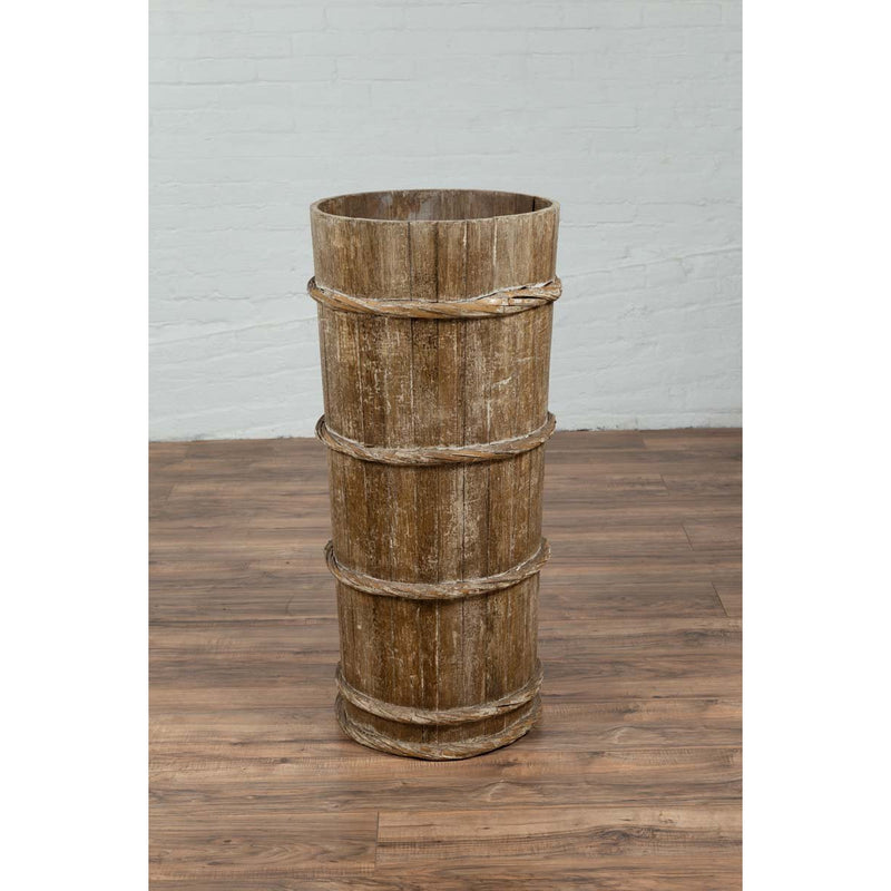 Tall Vintage Rustic Wooden Barrel with Slatted Body and Rope-Style Motifs-YN6487-11. Asian & Chinese Furniture, Art, Antiques, Vintage Home Décor for sale at FEA Home