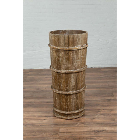 Tall Vintage Rustic Wooden Barrel with Slatted Body and Rope-Style Motifs-YN6487-11. Asian & Chinese Furniture, Art, Antiques, Vintage Home Décor for sale at FEA Home