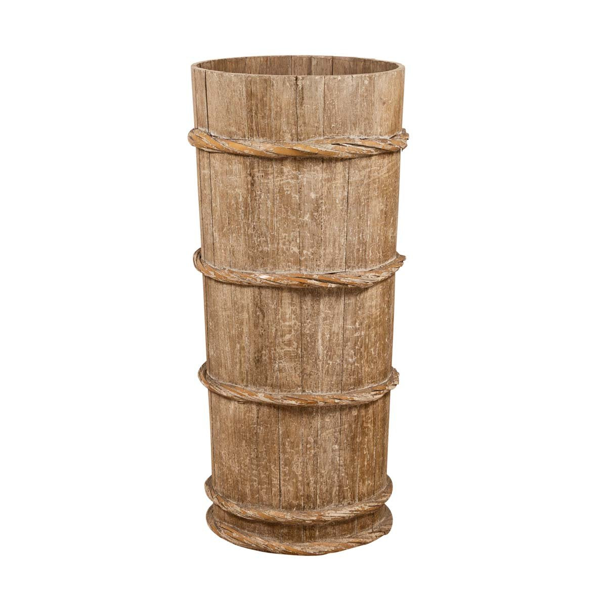 Tall Vintage Rustic Wooden Barrel with Slatted Body and Rope-Style Motifs-1. Asian & Chinese Furniture, Art, Antiques, Vintage Home Décor for sale at FEA Home