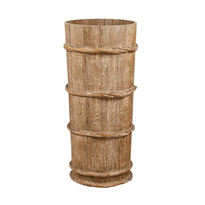 Tall Vintage Rustic Wooden Barrel with Slatted Body and Rope-Style Motifs-YN6487-1. Asian & Chinese Furniture, Art, Antiques, Vintage Home Décor for sale at FEA Home