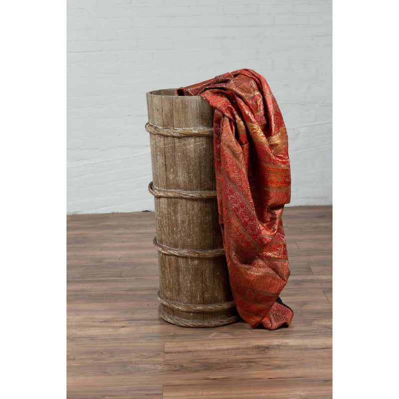Tall Vintage Rustic Wooden Barrel with Slatted Body and Rope-Style Motifs-YN6487-2. Asian & Chinese Furniture, Art, Antiques, Vintage Home Décor for sale at FEA Home