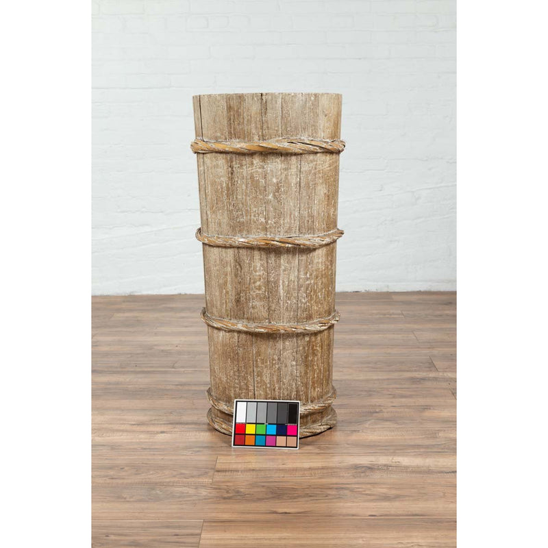 Tall Vintage Rustic Wooden Barrel with Slatted Body and Rope-Style Motifs-YN6487-4. Asian & Chinese Furniture, Art, Antiques, Vintage Home Décor for sale at FEA Home