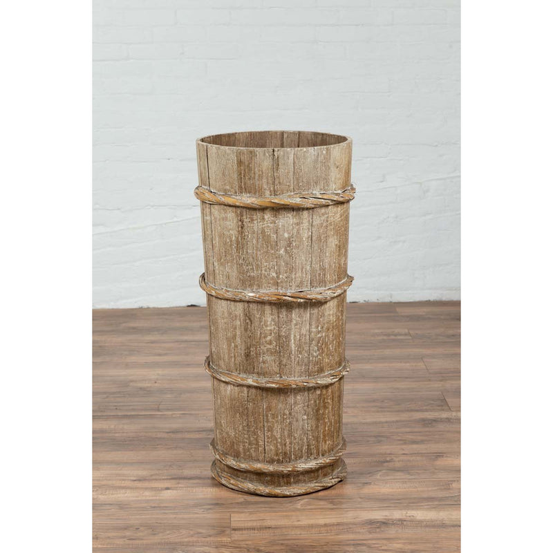 Tall Vintage Rustic Wooden Barrel with Slatted Body and Rope-Style Motifs-YN6487-5. Asian & Chinese Furniture, Art, Antiques, Vintage Home Décor for sale at FEA Home