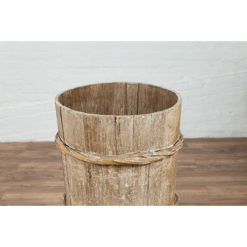 Tall Vintage Rustic Wooden Barrel with Slatted Body and Rope-Style Motifs-YN6487-6. Asian & Chinese Furniture, Art, Antiques, Vintage Home Décor for sale at FEA Home