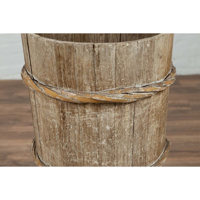 Tall Vintage Rustic Wooden Barrel with Slatted Body and Rope-Style Motifs-YN6487-7. Asian & Chinese Furniture, Art, Antiques, Vintage Home Décor for sale at FEA Home