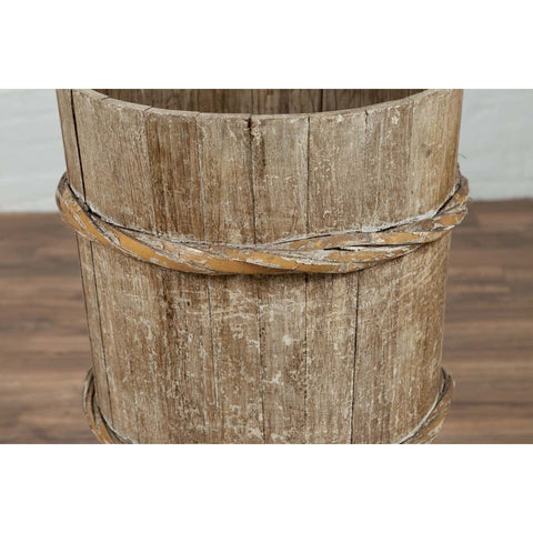 Tall Vintage Rustic Wooden Barrel with Slatted Body and Rope-Style Motifs-YN6487-7. Asian & Chinese Furniture, Art, Antiques, Vintage Home Décor for sale at FEA Home