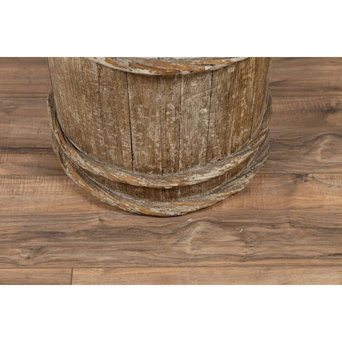 Tall Vintage Rustic Wooden Barrel with Slatted Body and Rope-Style Motifs-YN6487-8. Asian & Chinese Furniture, Art, Antiques, Vintage Home Décor for sale at FEA Home
