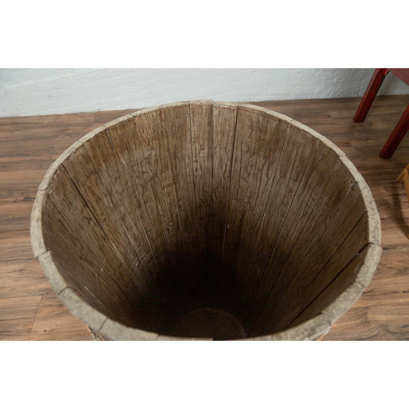 Tall Vintage Rustic Wooden Barrel with Slatted Body and Rope-Style Motifs-YN6487-9. Asian & Chinese Furniture, Art, Antiques, Vintage Home Décor for sale at FEA Home