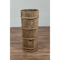 Tall Vintage Rustic Wooden Barrel with Slatted Body and Rope-Style Motifs