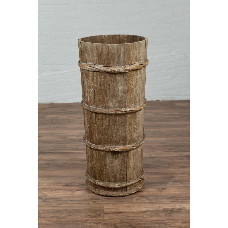 Tall Vintage Rustic Wooden Barrel with Slatted Body and Rope-Style Motifs-YN6487-10. Asian & Chinese Furniture, Art, Antiques, Vintage Home Décor for sale at FEA Home