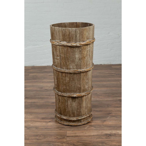 Tall Vintage Rustic Wooden Barrel with Slatted Body and Rope-Style Motifs-YN6487-10. Asian & Chinese Furniture, Art, Antiques, Vintage Home Décor for sale at FEA Home