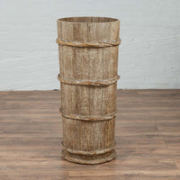 Tall Vintage Rustic Wooden Barrel with Slatted Body and Rope-Style Motifs