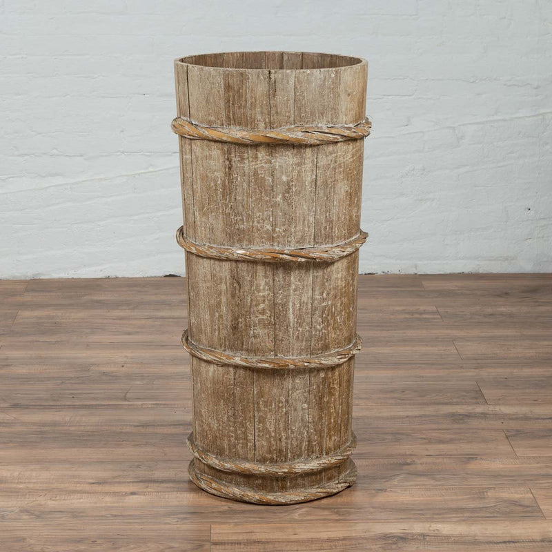 Tall Vintage Rustic Wooden Barrel with Slatted Body and Rope-Style Motifs-YN6487-3. Asian & Chinese Furniture, Art, Antiques, Vintage Home Décor for sale at FEA Home