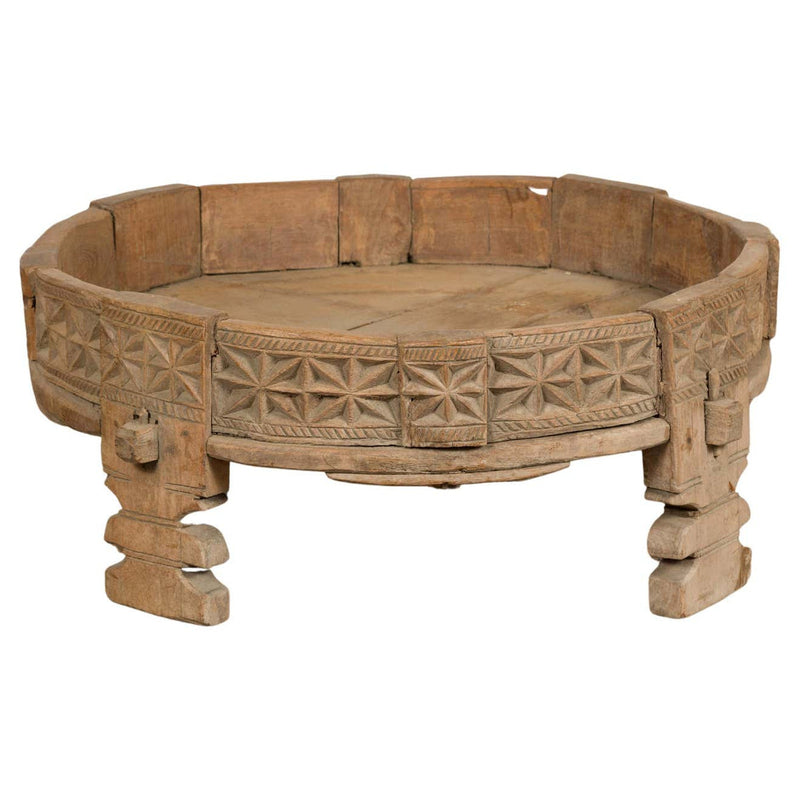 This-is-a-picture-of-a-Teak 1920s Indian Chakki Grinding Table with hand carved Geometric Décor-image-position-1-style-YN7736-Shop-for-Vintage-and-Antique-Asian-and-Chinese-Furniture-for-sale-at-FEA Home-NYC