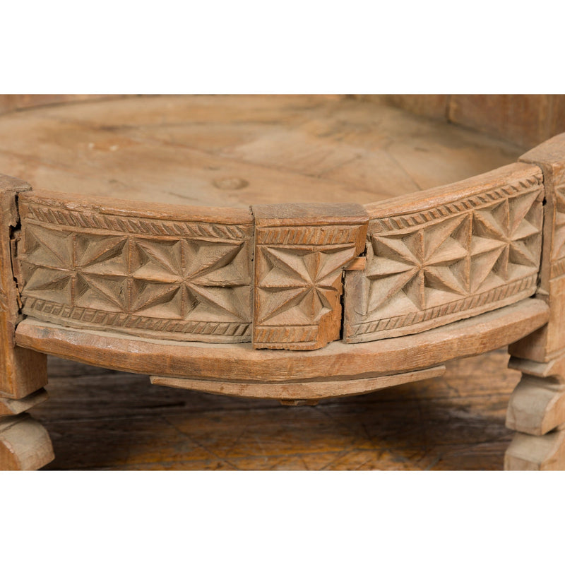 This-is-a-picture-of-a-Teak 1920s Indian Chakki Grinding Table with hand carved Geometric Décor-image-position-10-style-YN7736-Shop-for-Vintage-and-Antique-Asian-and-Chinese-Furniture-for-sale-at-FEA Home-NYC
