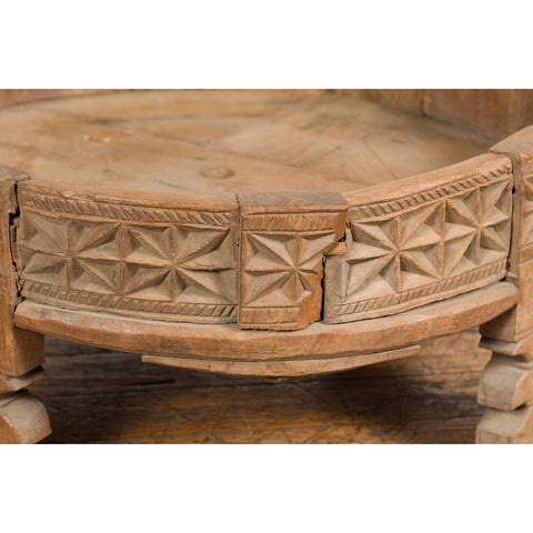 This-is-a-picture-of-a-Teak 1920s Indian Chakki Grinding Table with hand carved Geometric Décor-image-position-10-style-YN7736-Shop-for-Vintage-and-Antique-Asian-and-Chinese-Furniture-for-sale-at-FEA Home-NYC