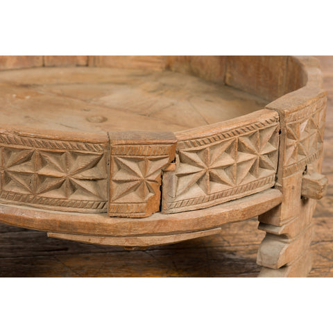 This-is-a-picture-of-a-Teak 1920s Indian Chakki Grinding Table with hand carved Geometric Décor-image-position-11-style-YN7736-Shop-for-Vintage-and-Antique-Asian-and-Chinese-Furniture-for-sale-at-FEA Home-NYC
