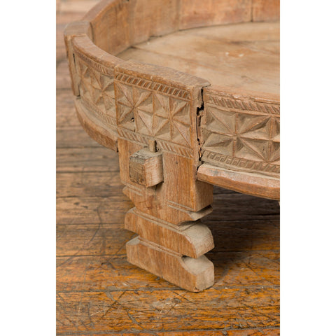 This-is-a-picture-of-a-Teak 1920s Indian Chakki Grinding Table with hand carved Geometric Décor-image-position-12-style-YN7736-Shop-for-Vintage-and-Antique-Asian-and-Chinese-Furniture-for-sale-at-FEA Home-NYC