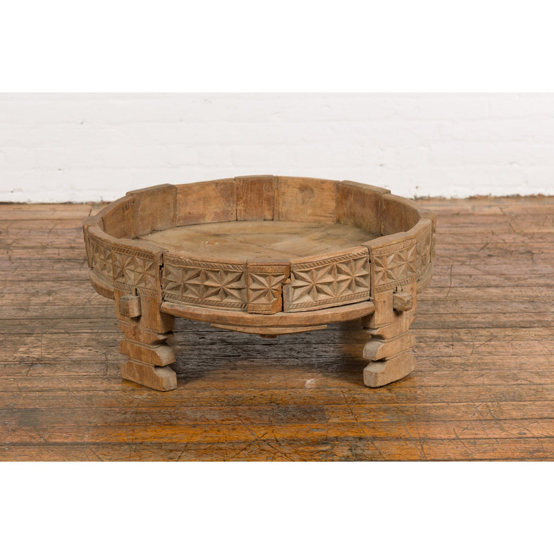 This-is-a-picture-of-a-Teak 1920s Indian Chakki Grinding Table with hand carved Geometric Décor-image-position-14-style-YN7736-Shop-for-Vintage-and-Antique-Asian-and-Chinese-Furniture-for-sale-at-FEA Home-NYC