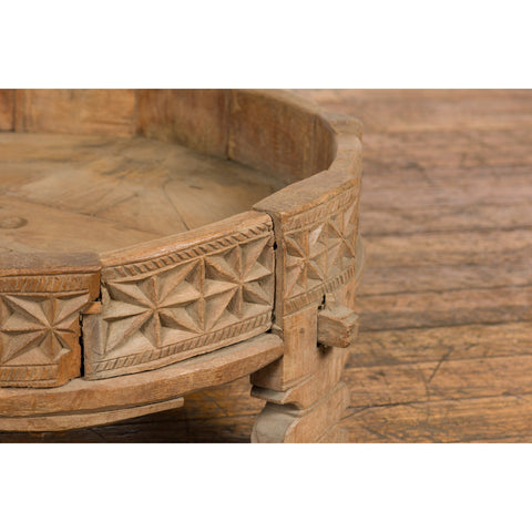 This-is-a-picture-of-a-Teak 1920s Indian Chakki Grinding Table with hand carved Geometric Décor-image-position-16-style-YN7736-Shop-for-Vintage-and-Antique-Asian-and-Chinese-Furniture-for-sale-at-FEA Home-NYC
