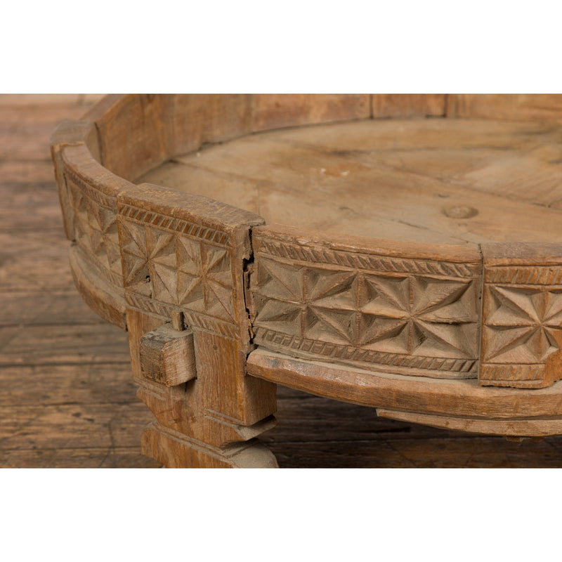 This-is-a-picture-of-a-Teak 1920s Indian Chakki Grinding Table with hand carved Geometric Décor-image-position-17-style-YN7736-Shop-for-Vintage-and-Antique-Asian-and-Chinese-Furniture-for-sale-at-FEA Home-NYC