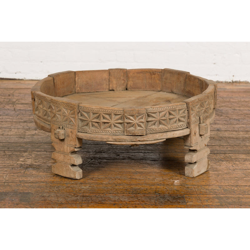 This-is-a-picture-of-a-Teak 1920s Indian Chakki Grinding Table with hand carved Geometric Décor-image-position-20-style-YN7736-Shop-for-Vintage-and-Antique-Asian-and-Chinese-Furniture-for-sale-at-FEA Home-NYC