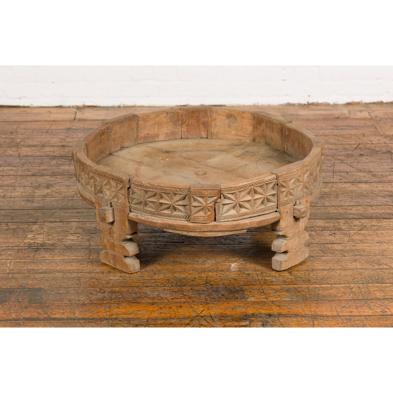 This-is-a-picture-of-a-Teak 1920s Indian Chakki Grinding Table with hand carved Geometric Décor-image-position-4-style-YN7736-Shop-for-Vintage-and-Antique-Asian-and-Chinese-Furniture-for-sale-at-FEA Home-NYC