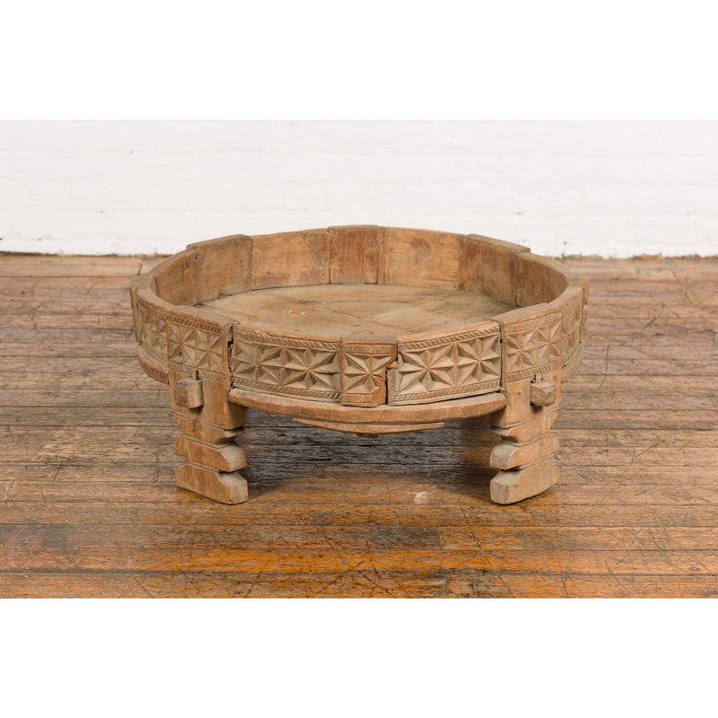 This-is-a-picture-of-a-Teak 1920s Indian Chakki Grinding Table with hand carved Geometric Décor-image-position-6-style-YN7736-Shop-for-Vintage-and-Antique-Asian-and-Chinese-Furniture-for-sale-at-FEA Home-NYC