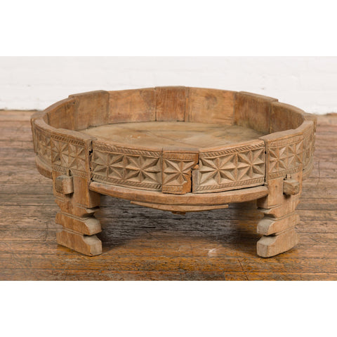 This-is-a-picture-of-a-Teak 1920s Indian Chakki Grinding Table with hand carved Geometric Décor-image-position-7-style-YN7736-Shop-for-Vintage-and-Antique-Asian-and-Chinese-Furniture-for-sale-at-FEA Home-NYC