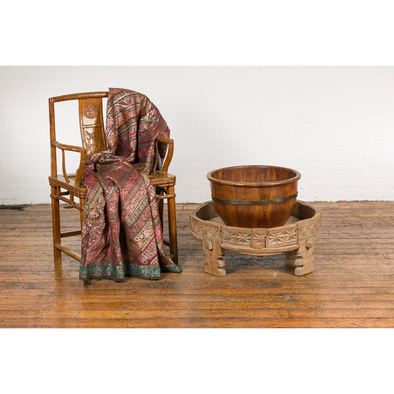 This-is-a-picture-of-a-Teak 1920s Indian Chakki Grinding Table with hand carved Geometric Décor-image-position-8-style-YN7736-Shop-for-Vintage-and-Antique-Asian-and-Chinese-Furniture-for-sale-at-FEA Home-NYC