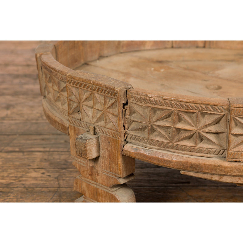 This-is-a-picture-of-a-Teak 1920s Indian Chakki Grinding Table with hand carved Geometric Décor-image-position-9-style-YN7736-Shop-for-Vintage-and-Antique-Asian-and-Chinese-Furniture-for-sale-at-FEA Home-NYC