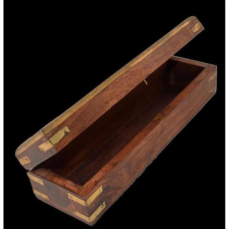 Brown teakwood pencil and jewelry box with brass accents, open on a black background.