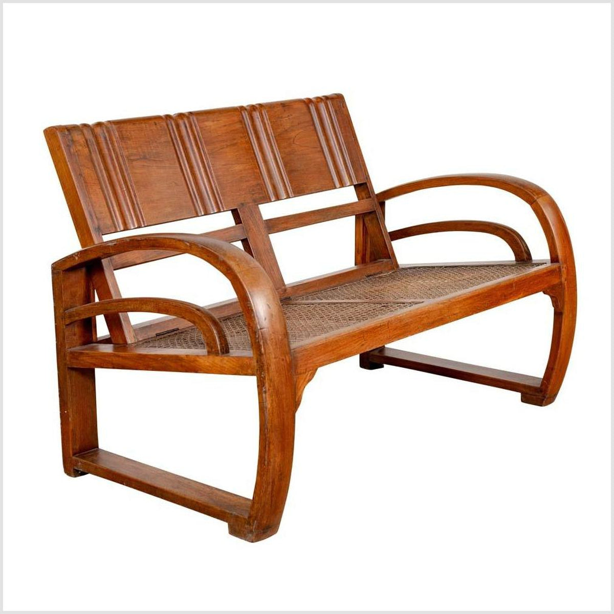 Teak Wood Settee from Madura with Folding Back, Looping Arms and Cane Seat-1. Asian & Chinese Furniture, Art, Antiques, Vintage Home Décor for sale at FEA Home