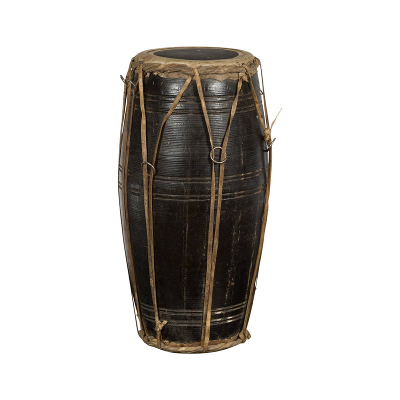 Thai Wood and Leather Klong Khaek Processional Drum with Distressed Appearance-YNE521-1. Asian & Chinese Furniture, Art, Antiques, Vintage Home Décor for sale at FEA Home