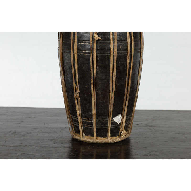 Thai Wood and Leather Klong Khaek Processional Drum with Distressed Appearance-YNE521-12. Asian & Chinese Furniture, Art, Antiques, Vintage Home Décor for sale at FEA Home
