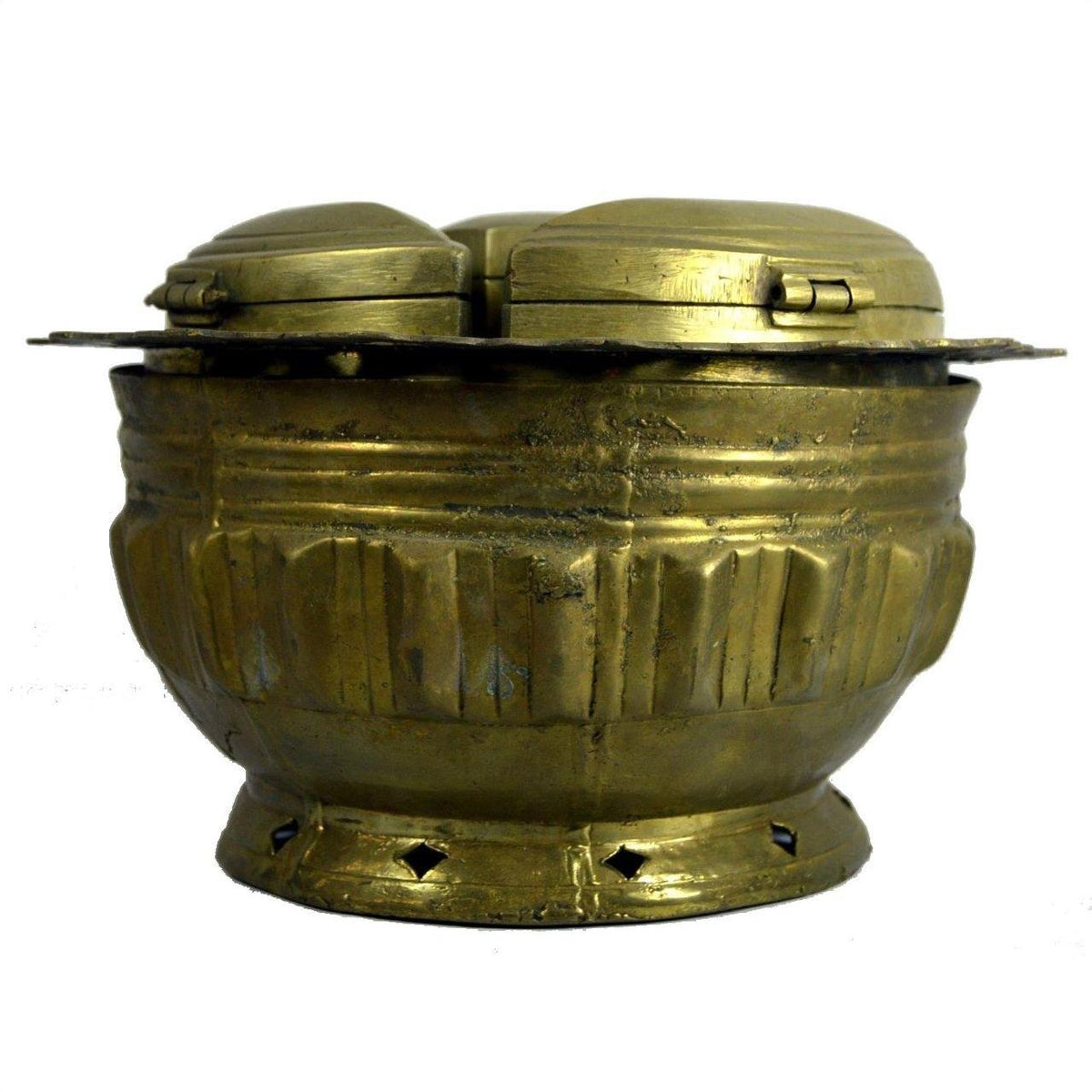 White brass tiered betel nut box with three hinged lids and engraved patterns, close-up on white background.