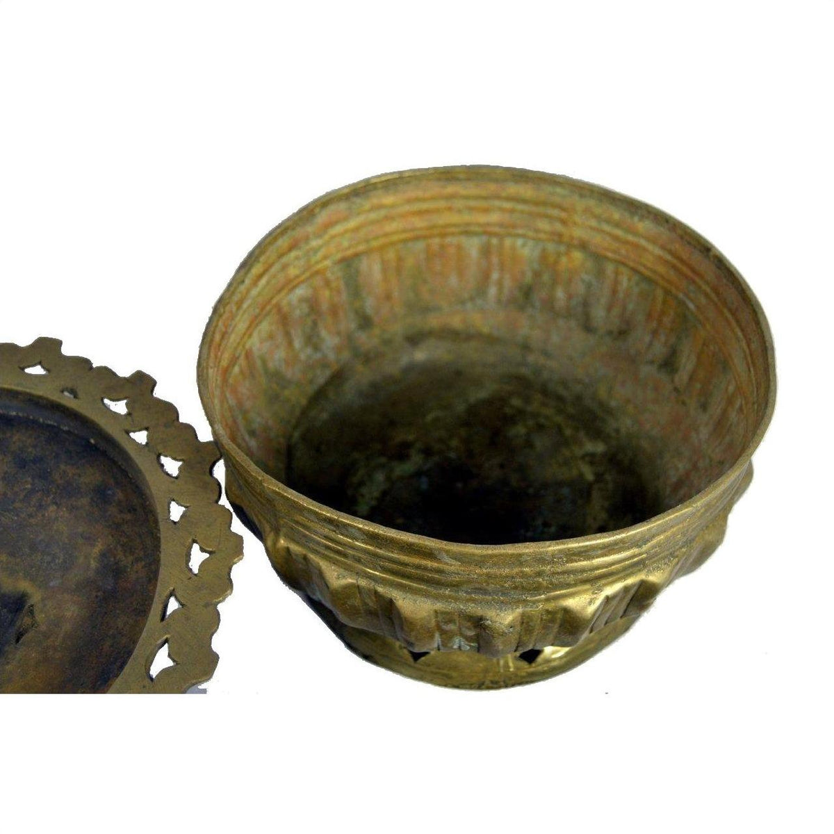 Brass tiered betel nut box with open top, decorative lid, and patched base shown side by side on plain surface.