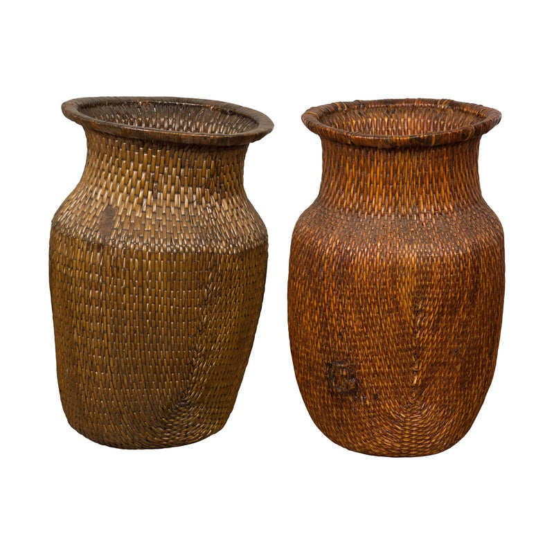 Two Oversized Chinese Rattan Grain Baskets with Flaring Necks, Sold Each-YN7688-1. Asian & Chinese Furniture, Art, Antiques, Vintage Home Décor for sale at FEA Home